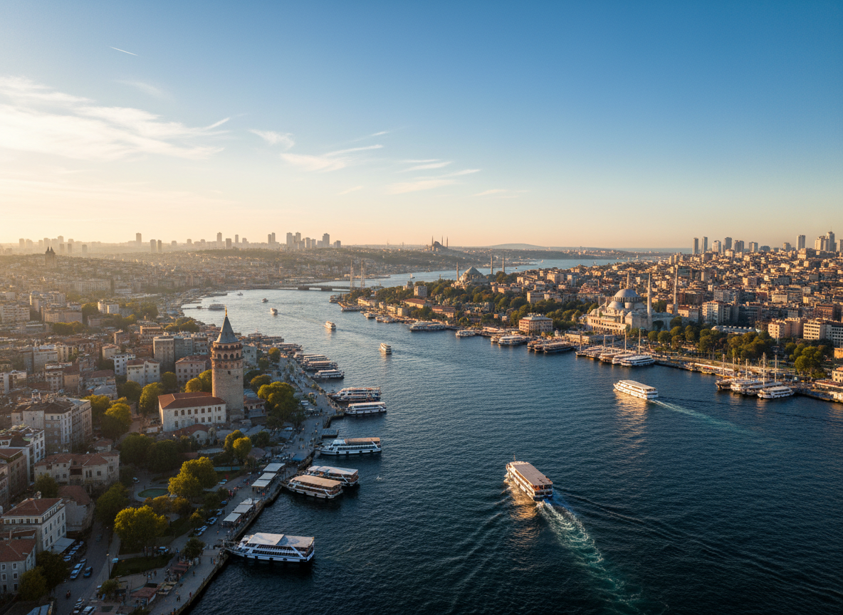 A breathtaking panoramic view of Istanbul at sunset, featuring the Bosphorus Bridge illuminated with warm golden and orange light, the silhouette of mosques and minarets against a dramatic sky filled with deep orange, pink, and purple hues, reflections shimmering on the water, cinematic and vibrant travel photography style